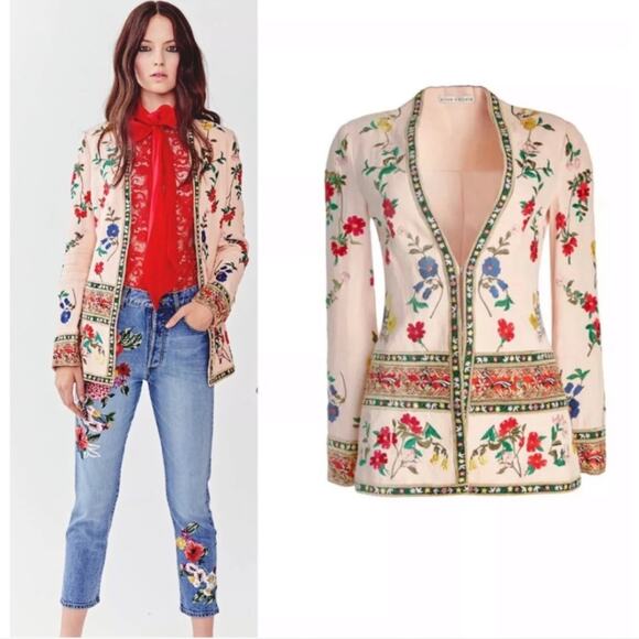 Alice + Olivia Jerri Embroidered Linen Jacket Size 4 - Picture 1 of 16
